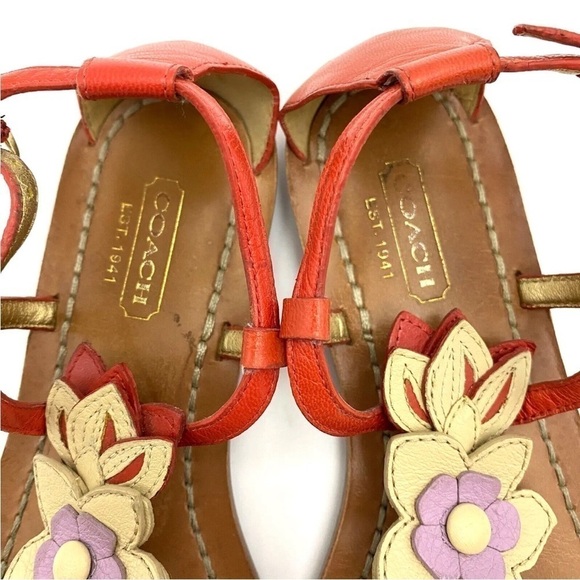 COACH Thong Sandals Sierra A8535 Flowers Orange Leather Sz 5B - Picture 5 of 8